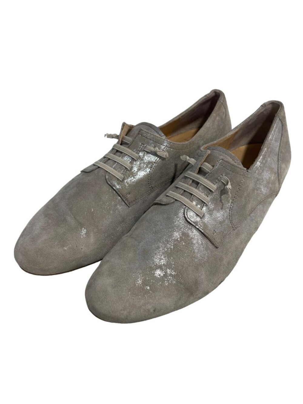 Paul Green Loafers Size 7.5 Suede Slip On Elastic Lace Metallic Silver Tan Shoe
